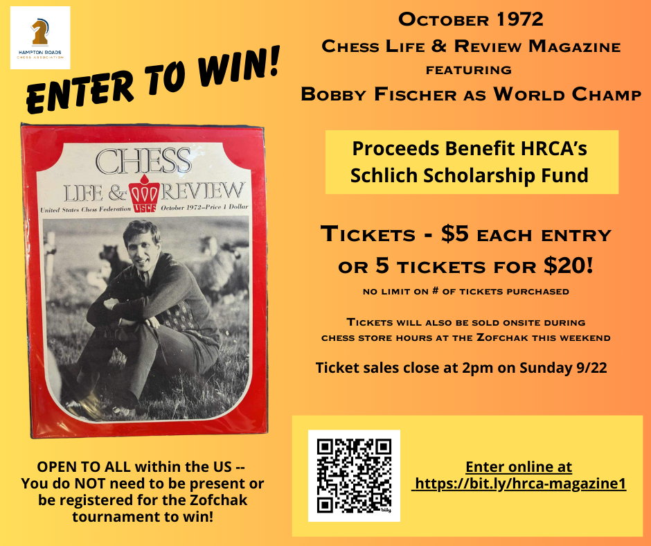 graphic with photo of 1972 Chess Life magazine with Bobby Fischer and details to win a copy